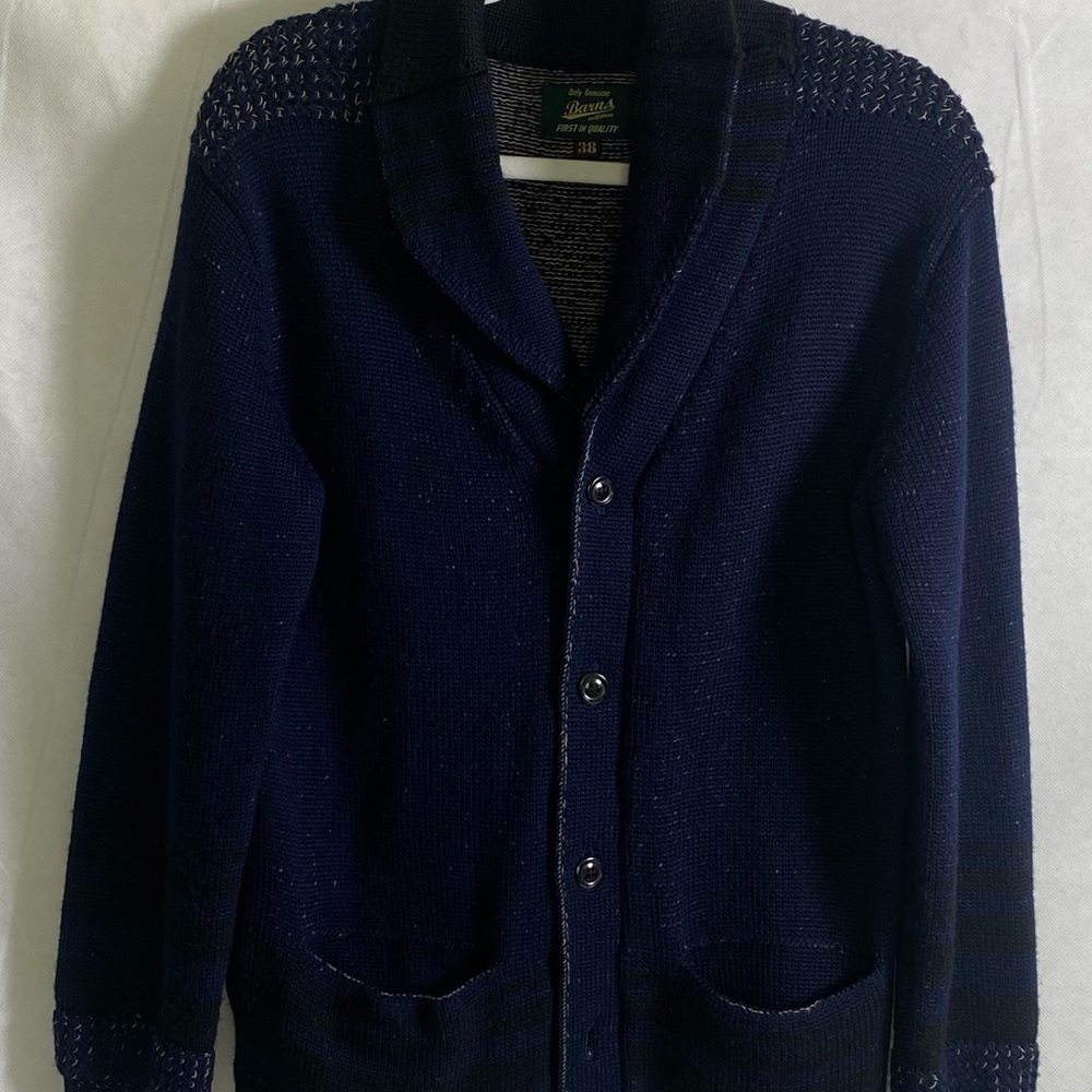 VTG Barnes Rugged 90% Wool Blend Navy Shawl Collar Sesame Japan Cardigan Mens 38